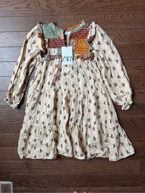 ZARA Cream Tiered Dress with Multicolor Patchwork Yoke